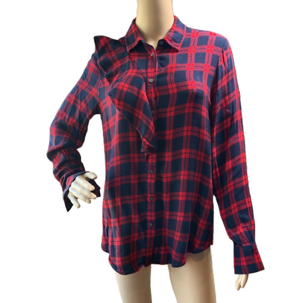 Banana Republic Red Navy Plaid Flannel Dillon Button Up Academia Ruffled Top Med